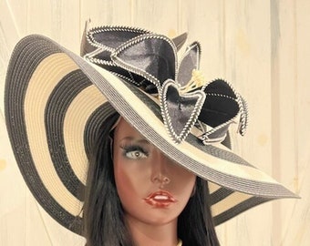 Big Black White Women's Fancy Church Hat, Wide Brim Black Striped Tea Party Hat, Black White Edwardian Wedding Hat