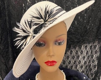 Black White 4 inch Brim Derby hat, Black White Tea Party Hat, Black White Church Hat, Monochrome Hat