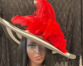 Big Black Red White Derby Hat Feathers, Huge black white striped red floral church hat, Black white red Ostrich feathers Tea Party Hat