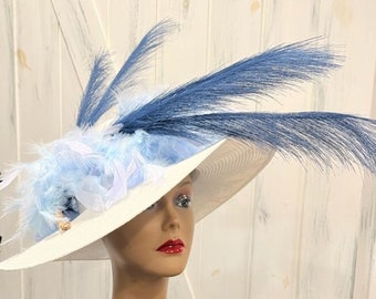 Big Light Blue White Derby Hat Ostrich feathers, Light Blue Tea Party Hat, Light Blue White Church Wedding Hat, Huge Light Blue White Hat