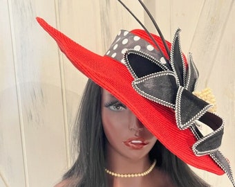 Big Red Black Kentucky Derby hat, red white black wide brim hat quills, fancy church hat, tea party hat, red black polka dot hat, Easter Hat