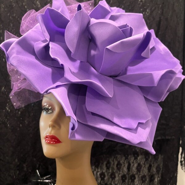 Kentucky Derby Hat, Huge 18 inch purple flower fascinator hat, fancy Easter church hat, purple bridal fascinator, Purple Tea Party Hat