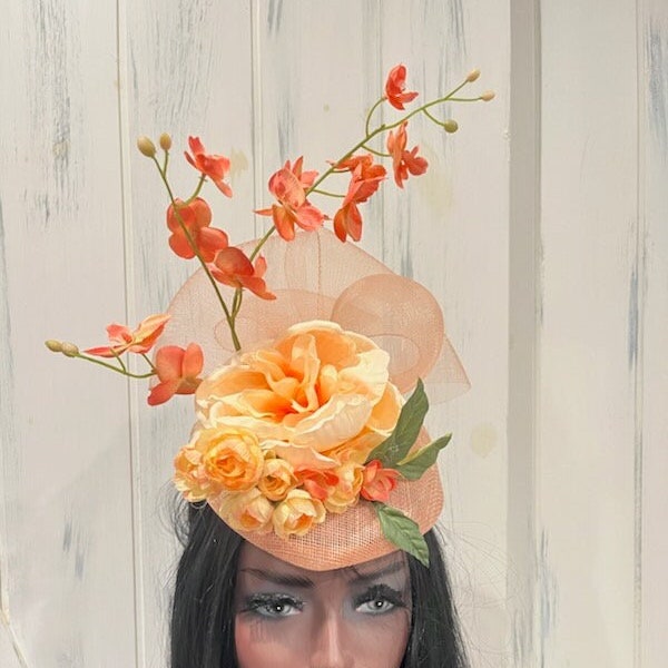 Coral & peach floral fascinator hat, Peach Coral Derby Fascinator Hat, fancy church Hat, peach coral bridal hat, Victorian tea party hat