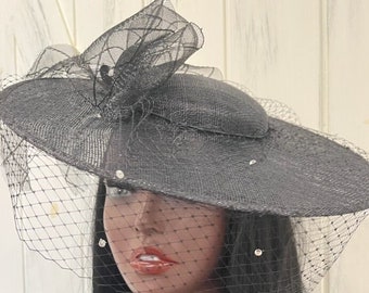Black Crystal Veiled Fascinator Hat, Black Derby Fascinator Church Hat, Victorian Funeral Fascinator Hat Veil, Black Edwardian Wedding Hat