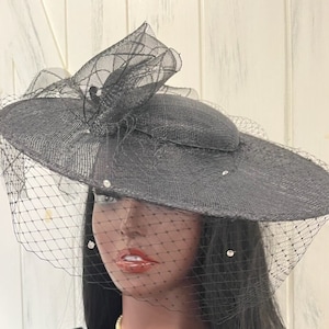 Black Crystal Veiled Fascinator Hat, Black  Church Fascinator Hat Veil, Victorian Funeral Fascinator Hat Veil, Black Edwardian Wedding Hat