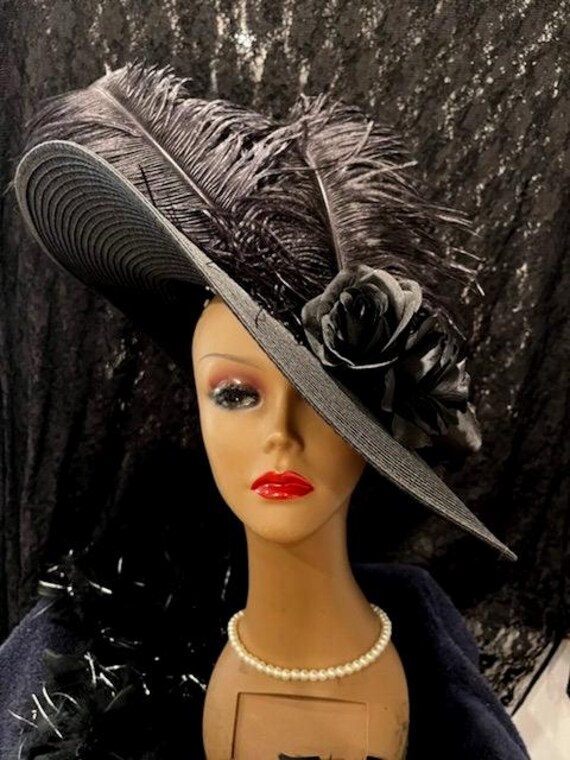 Black Wide Brim Derby Church Tilt Hat Roses Ostrich Feather Plumes/ Black  Victorian Gothic Wedding Bridal Funeral Tea Party Hat Feathers