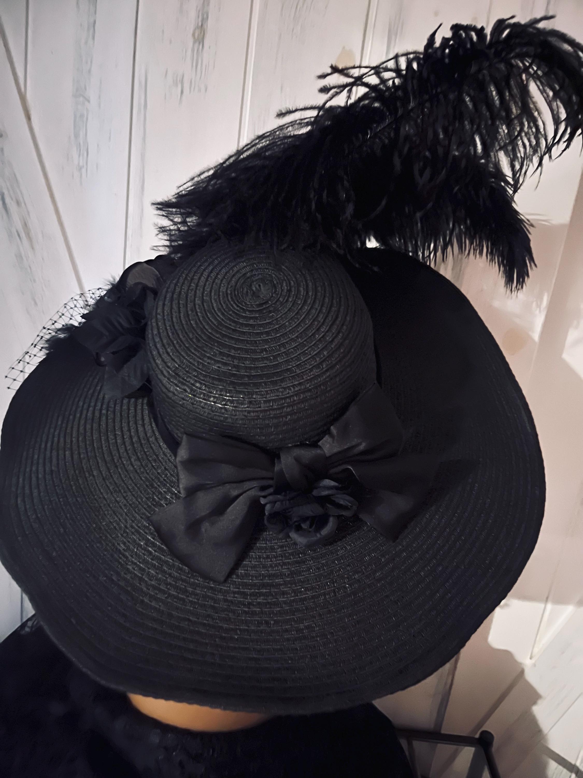 GRANDIOSE 1950s\' BLACK FELT & FAUX LAMB WIDE BRIM HAT + TALL OSTRICH FEATHERS Dramatic Antique Edwardian Hat with Plumes, Fuzzy Black Wool  main image 2