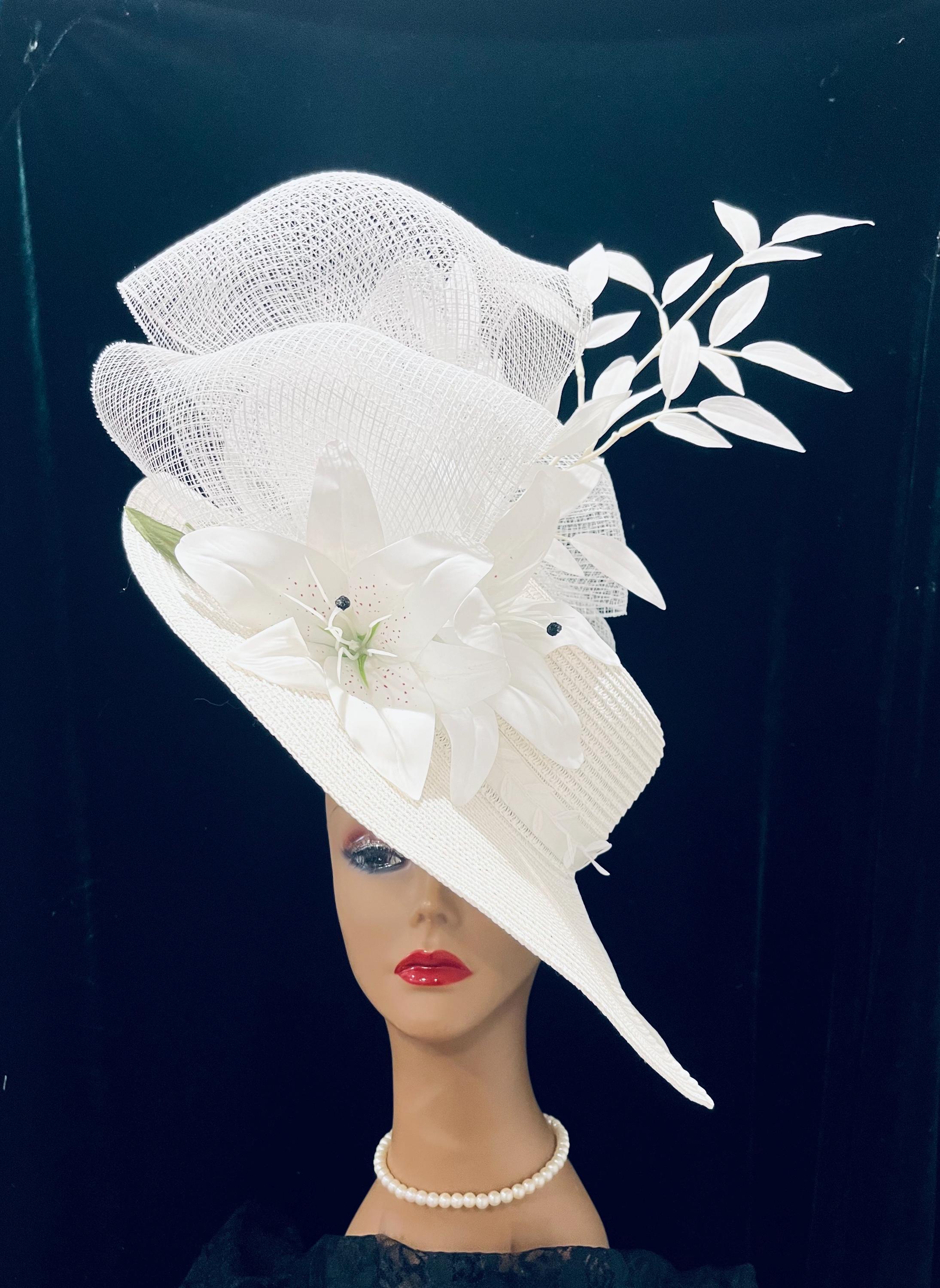 White Derby Oaks Hat: Lily Flowers, Big Wide Brim, Crinoline 