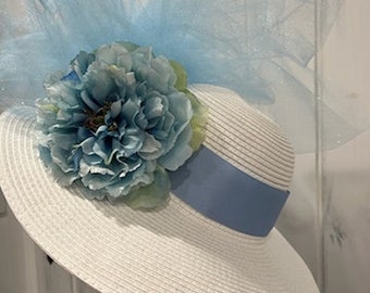 Big Light Blue White Fancy Church Hat, Light Blue White Tea Party Hat, Light Blue White Bridal Wedding Hat, Sky Blue Tulle Bow White Hat