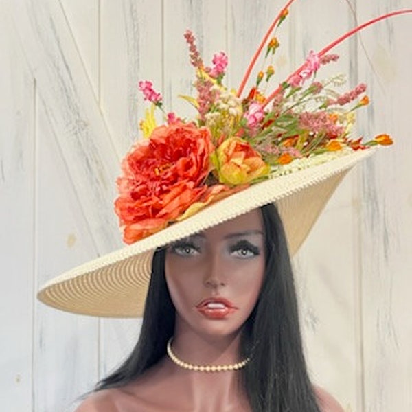 Big Pink Peach Coral Kentucky Derby hat,  blush pink coral flower Quills ivory hat, fancy church hat, Peach Coral Pink bridal tea party hat