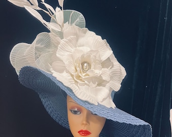 Navy & White Wide Brim Derby Church Hat, Big Bow, Jeweled Flower