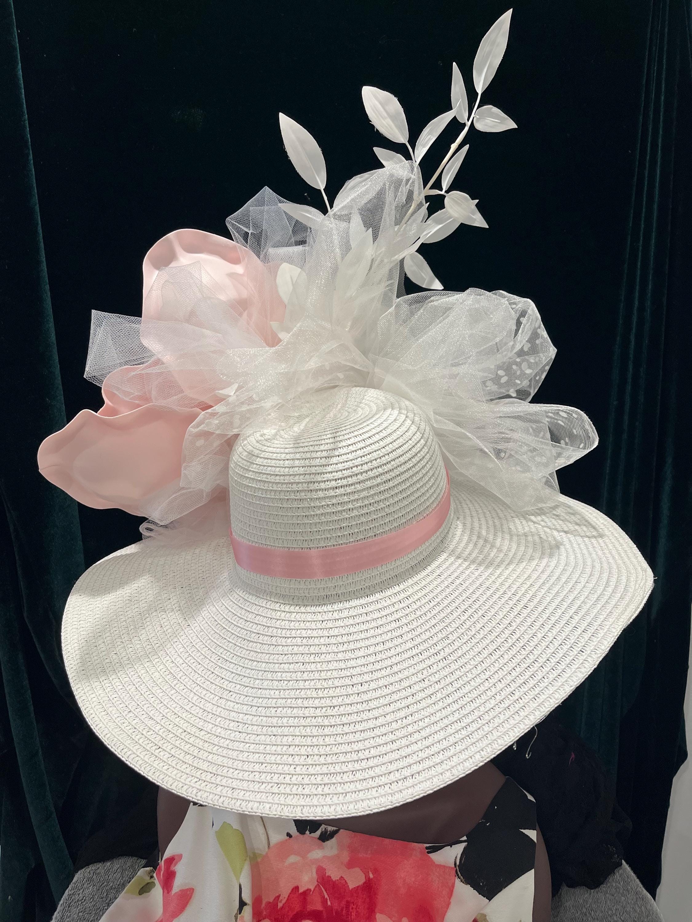 Pastel Pink Derby Hat, Big Flower, Large White Wide Brim  display picture 1