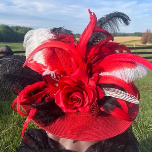 Red Flower Feather Wide Brim Kentucky Derby Hat Black Red Feather Flowers Wide Brim Kentucky Derby Hat  main image 4