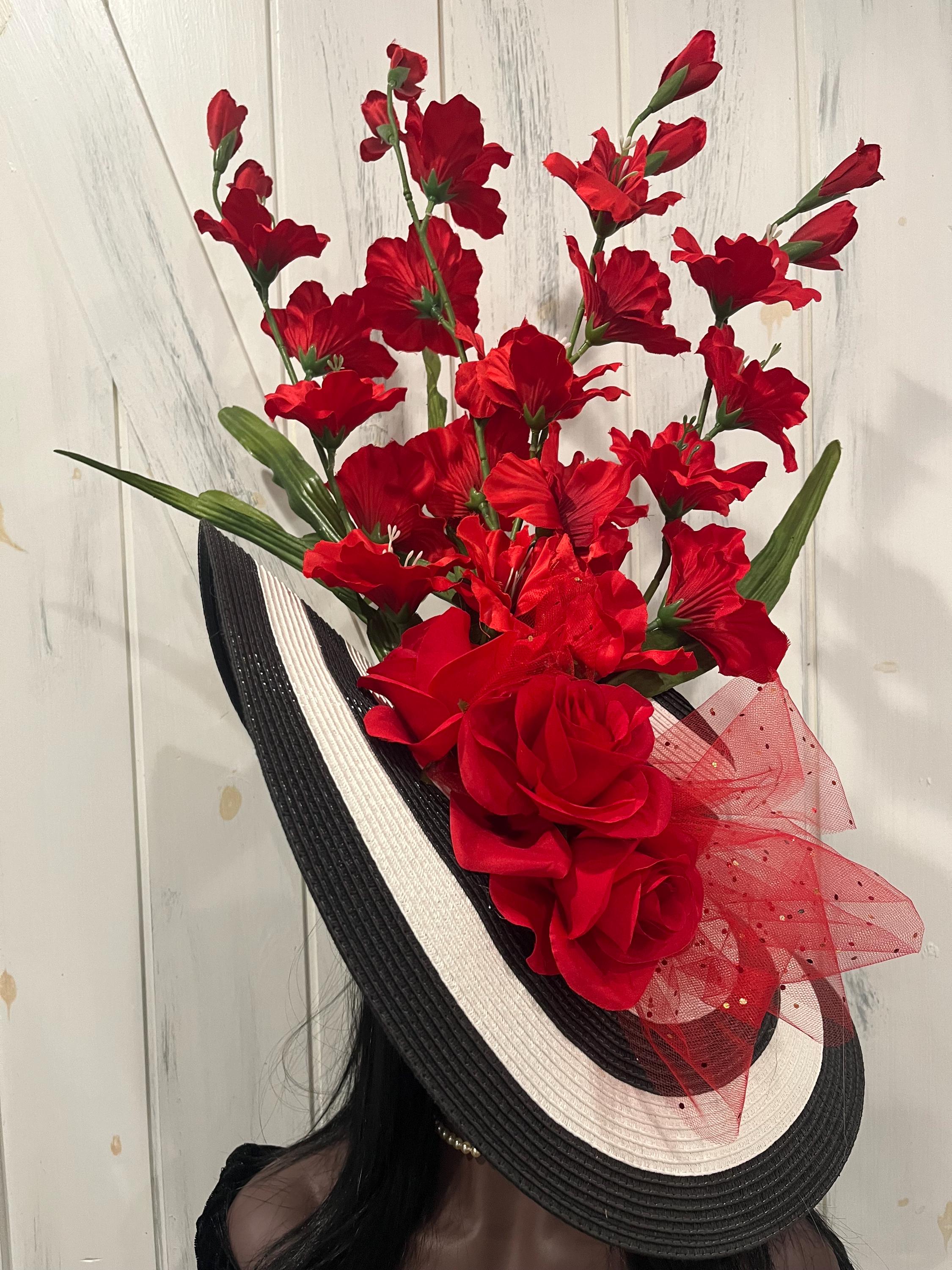 Red Derby Church Hat: Rose Flowers, Oversized Black White  display picture 2