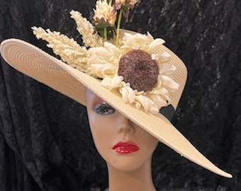 Light Creamy Beige Wide Panama Derby Hat black hatband tan floral, Ivory beige floral Church Hat