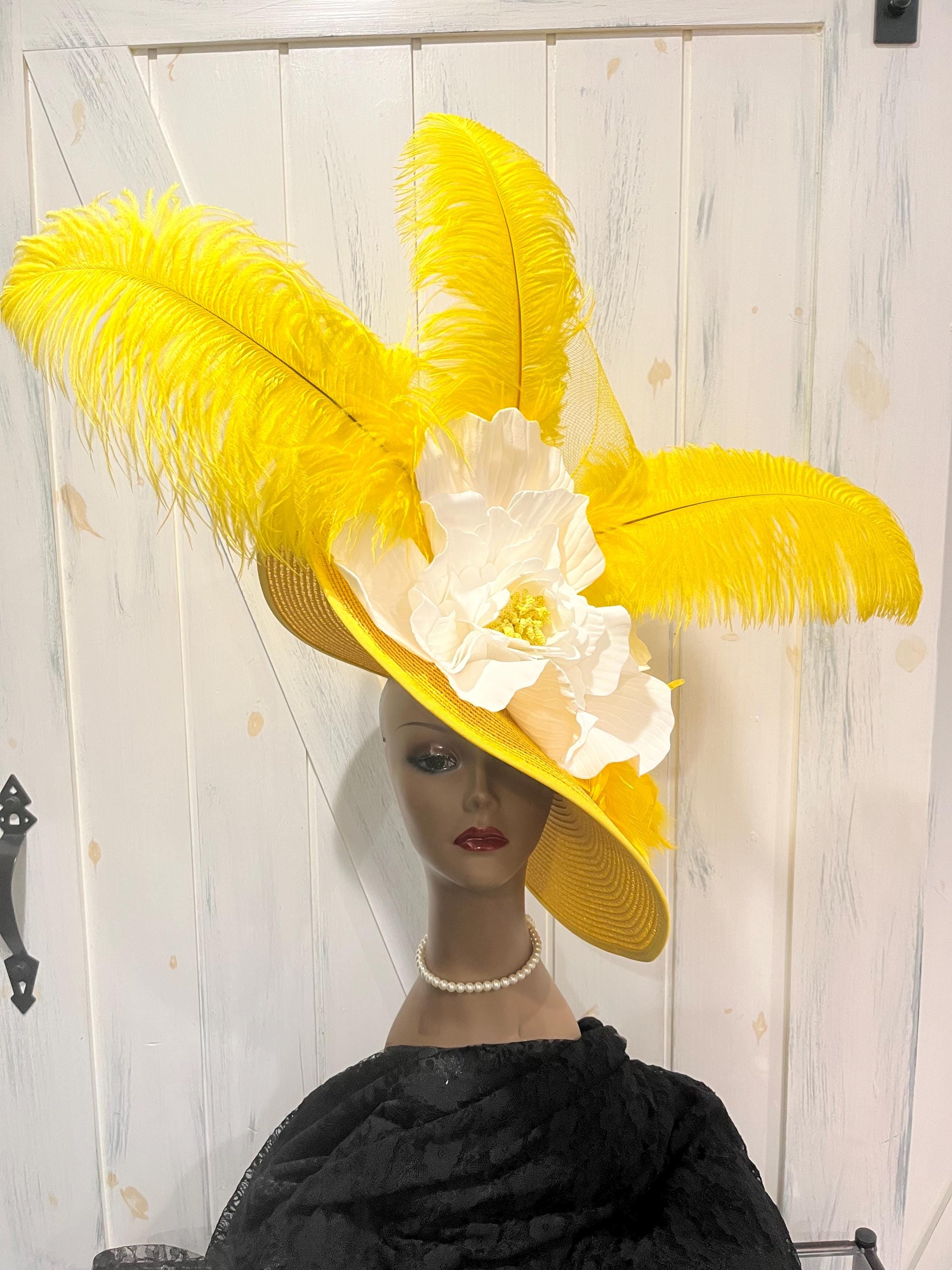 Yellow Derby Hat: Big White Flower, Wide Brim, Ostrich  display picture 1