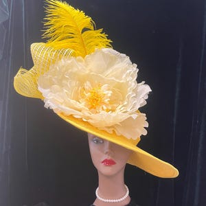 Yellow Organza Derby Church Hat: Big Rose Flower, Small Brim  display picture 2