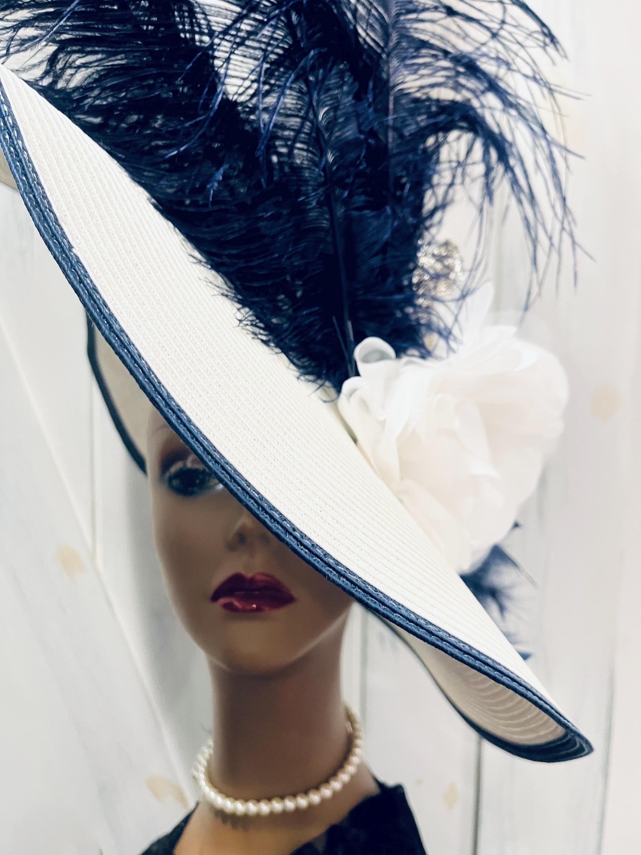 Navy Ostrich Feathered rhinestones Women\'s Hat made in USA 100 percent wool Tricorn Hat 21.75 main image 3