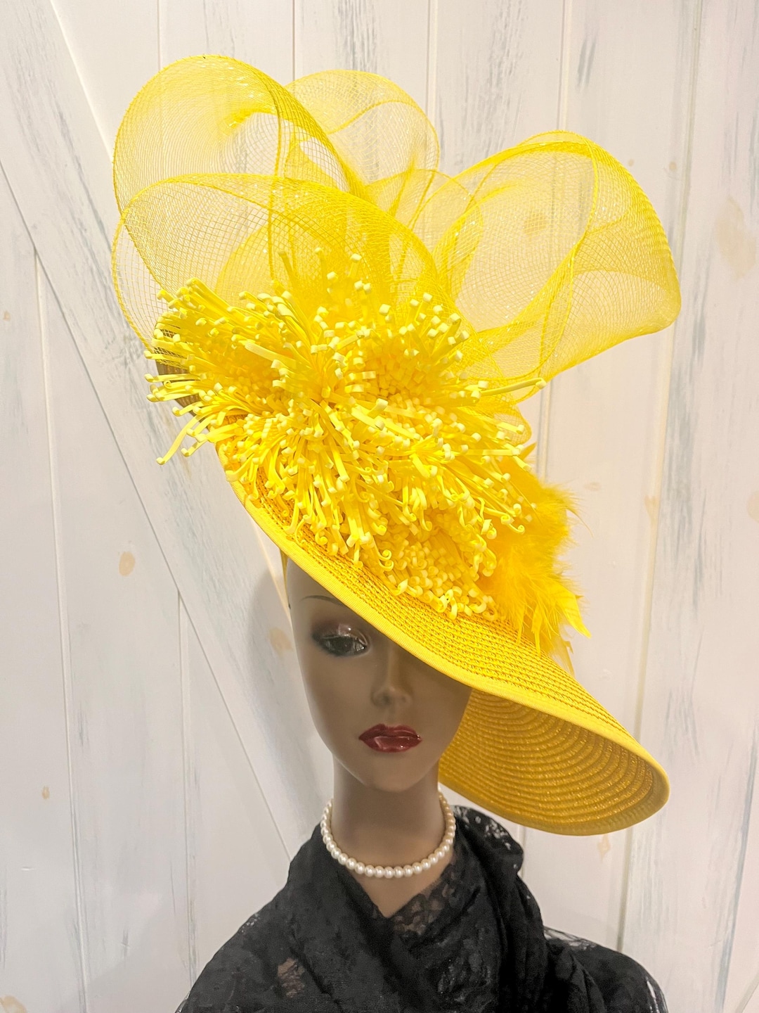 Yellow Derby Hat, Big Oversize Wide Brim, Tulle Bow, Flowers - Etsy