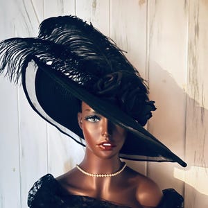 Black Wide Brim Derby Church Hat: Rose Flowers, Ostrich Feathers, Crinoline Edge
