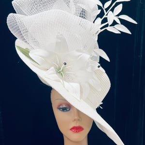 White Floral Wide Brim Derby Hat: Lily Flowers & Huge Crinoline Bow for Edwardian Church Wedding Bridal Tea Party or Funeral