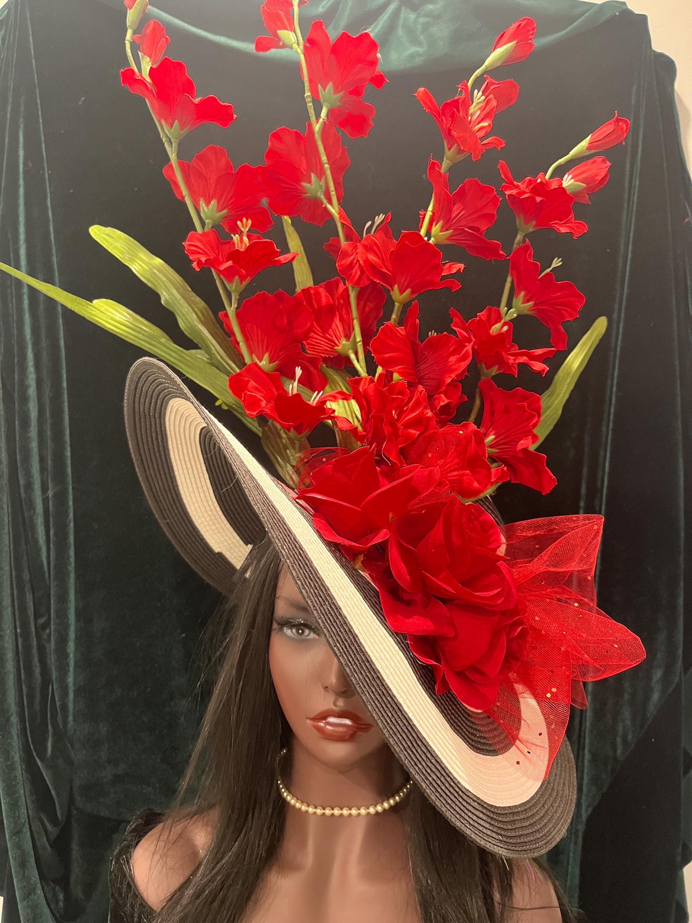 Red Derby Church Hat: Rose Flowers, Oversized Black White  display picture 3