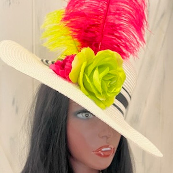 Apple Green Fuchsia Pink White Fancy Church Hat Ostrich feathers, pink green high tea party hat