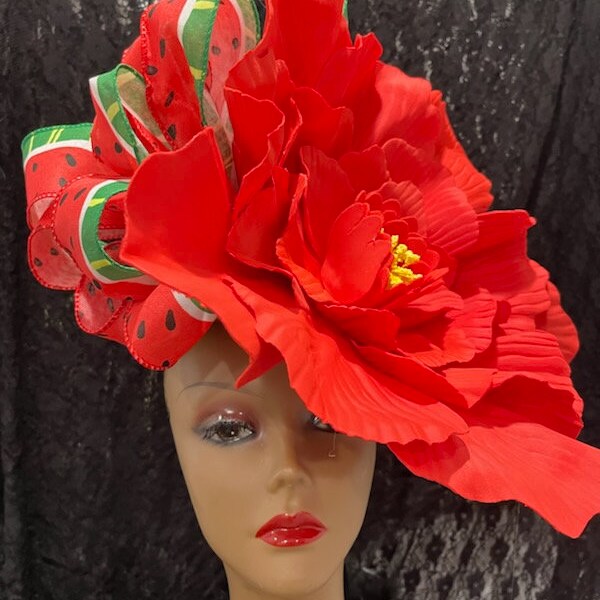 Huge Red Green Flower Derby Fascinator Hat, big red green flower church fascinator hat, Red Flower Tea Party Hat, Red Watermelon Print Hat