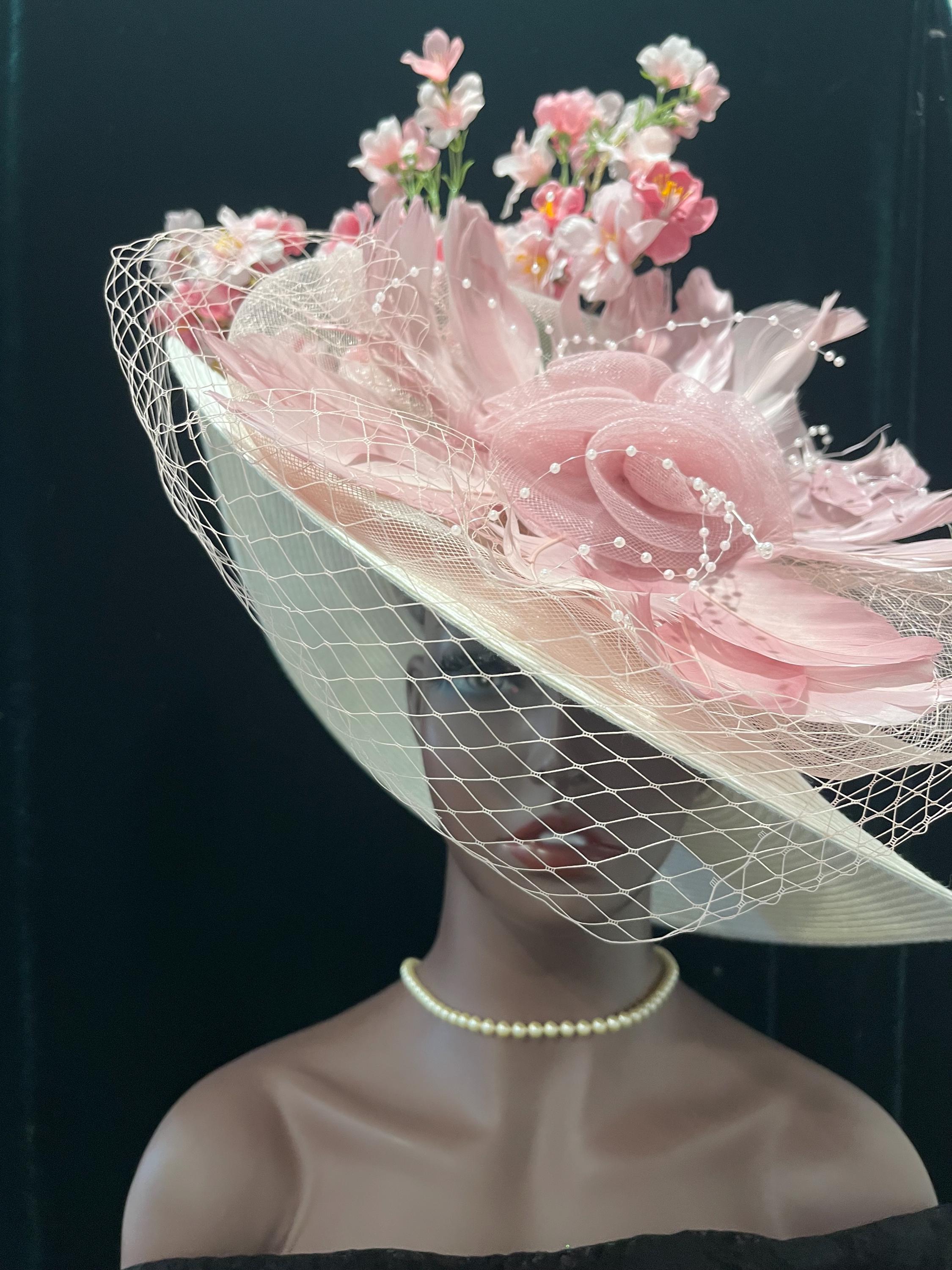 Dusty Pink Derby Hat: Light Mauve Feathers, Big Wide White 