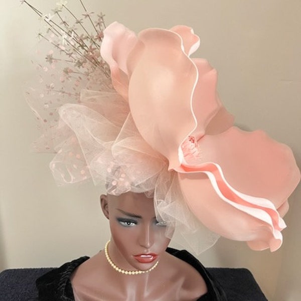 Pale Pink Huge Flower Derby Fascinator Hat, Huge Light Pink flower fascinator hat, big pastel pink church wedding hat,  pink tea party hat