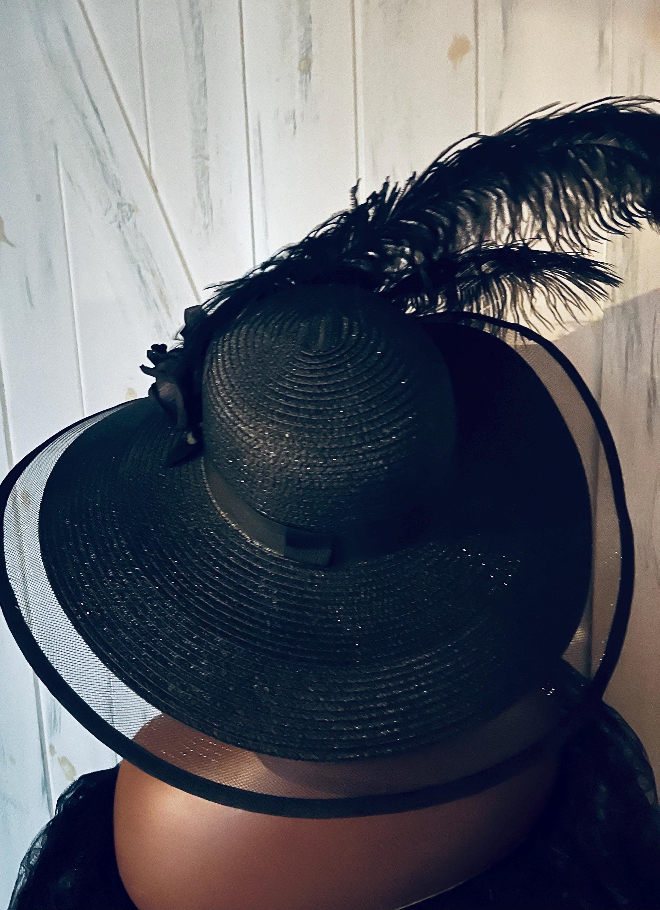 Black Wide Brim Derby Church Hat: Rose Flowers, Ostrich  display picture 2