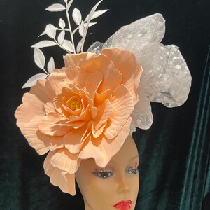 Classic Peach Tulle Floral Fascinator Hat Peach Colored Fascinator With Peach Colored Flower and Veil  main image 2