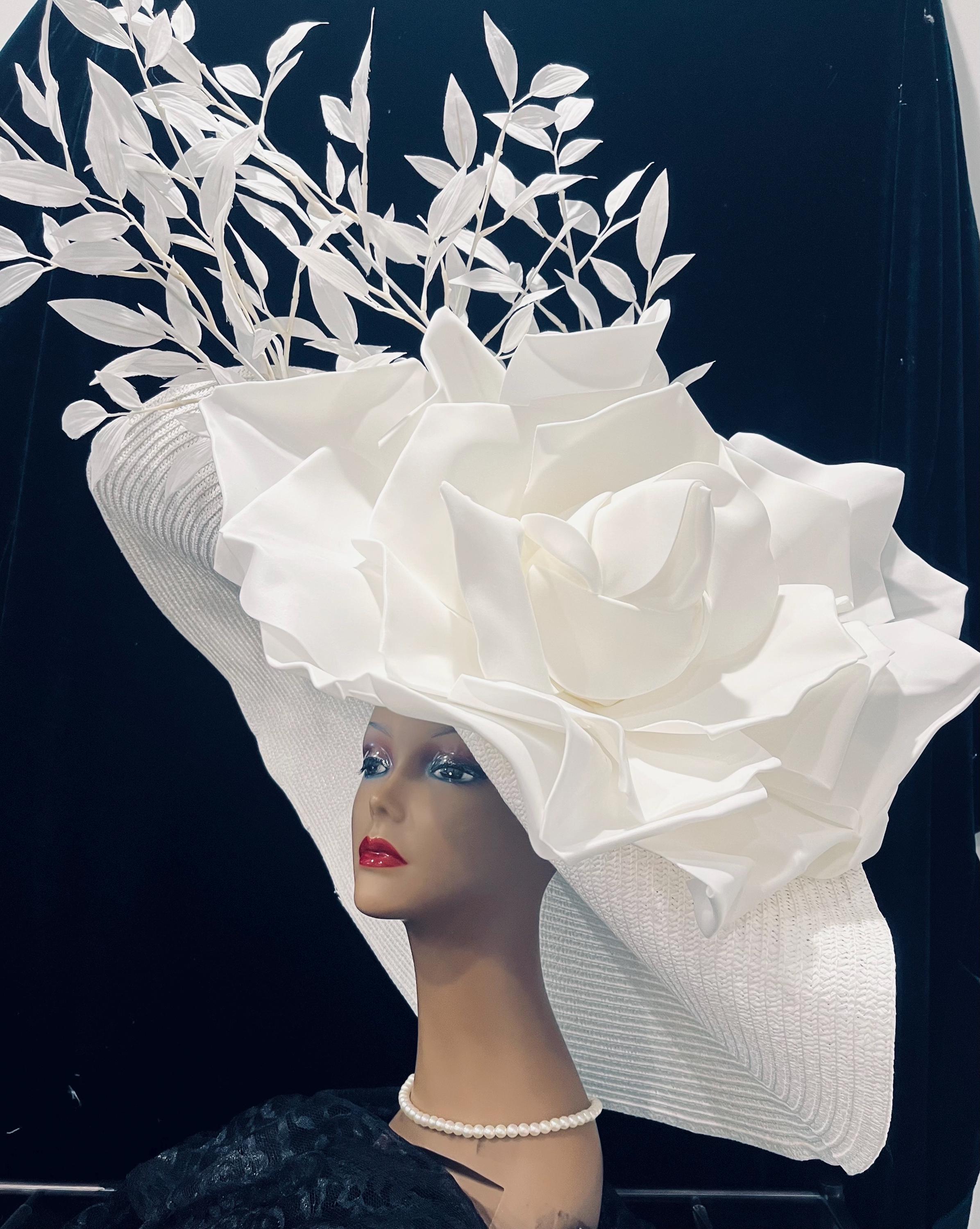 Elegant White Wide-Brim Hat with Horse, Trophy, and Rose Floral Trim White Straw Kentucky Derby Hat: Wide Brim With Pink Flowers  main image 4