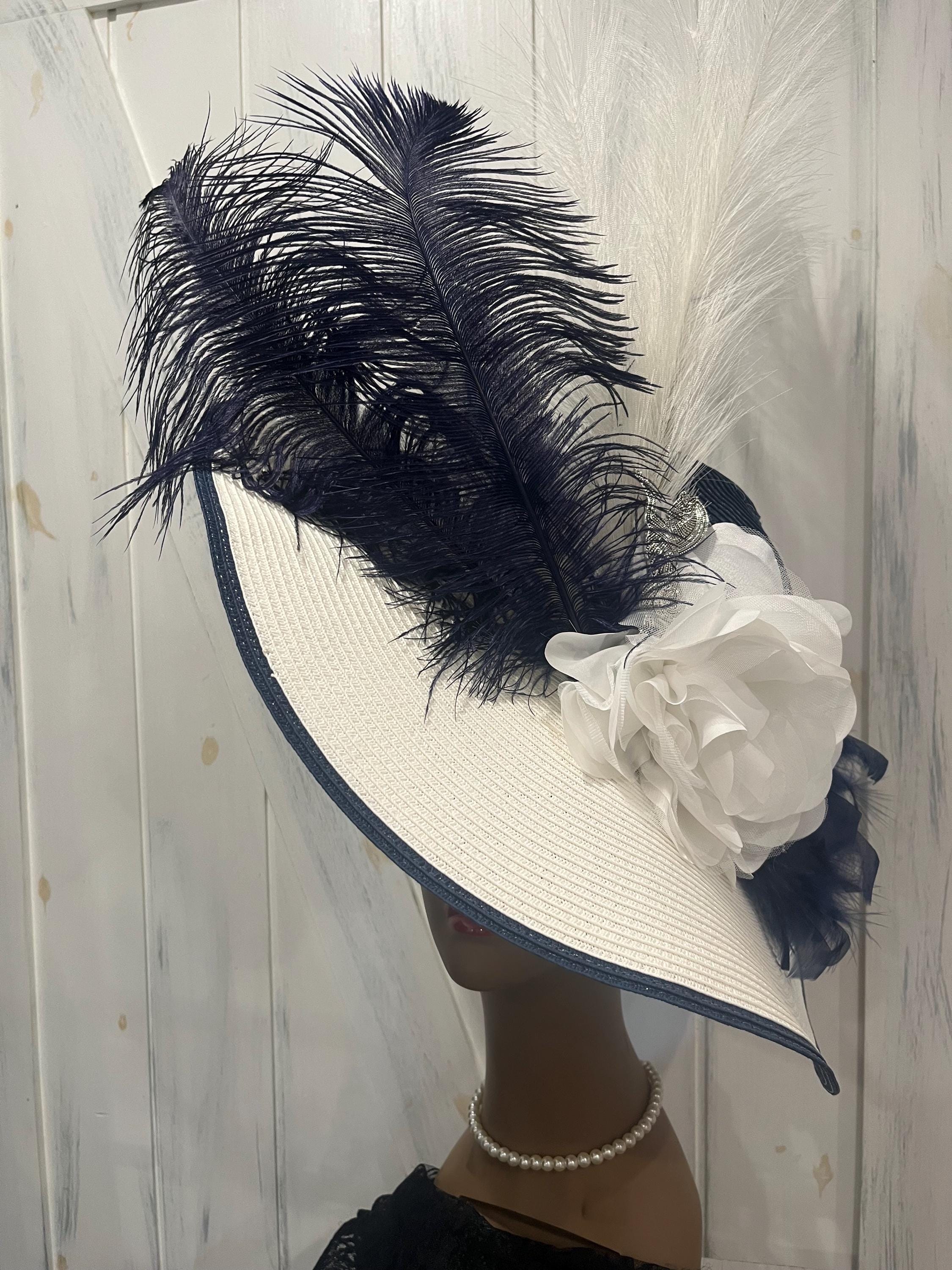 White Derby Hat: Navy Ostrich Feather, Oversize Wide Brim  display picture 1