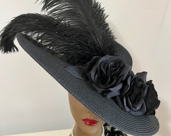 Big Black Derby Tilt Hat Roses Feathers, Victorian Mourning Hat, Edwardian Funeral Hat, Gothic Black Wedding Church Hat