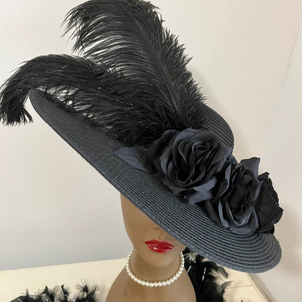 Big Black Kentucky Derby Tilt Hat Roses Feathers, Victorian Mourning Hat, Edwardian Funeral Hat, Gothic Black Wedding Church Hat