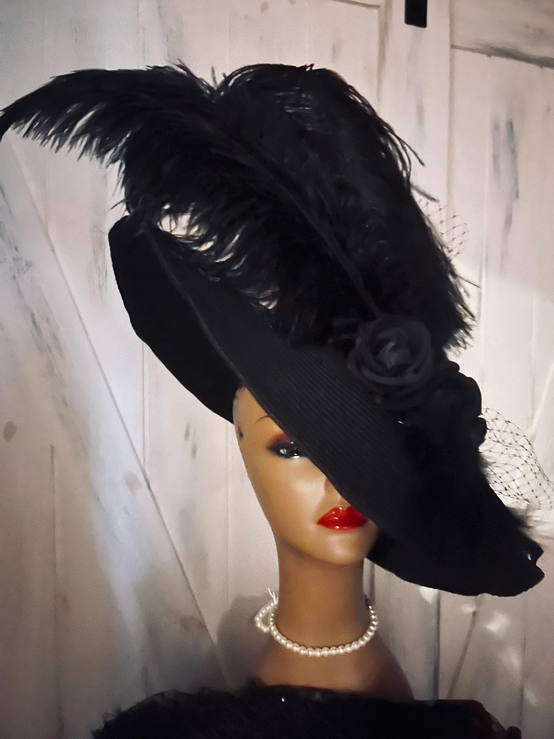 GRANDIOSE 1950s\' BLACK FELT & FAUX LAMB WIDE BRIM HAT + TALL OSTRICH FEATHERS Dramatic Antique Edwardian Hat with Plumes, Fuzzy Black Wool  main image 3
