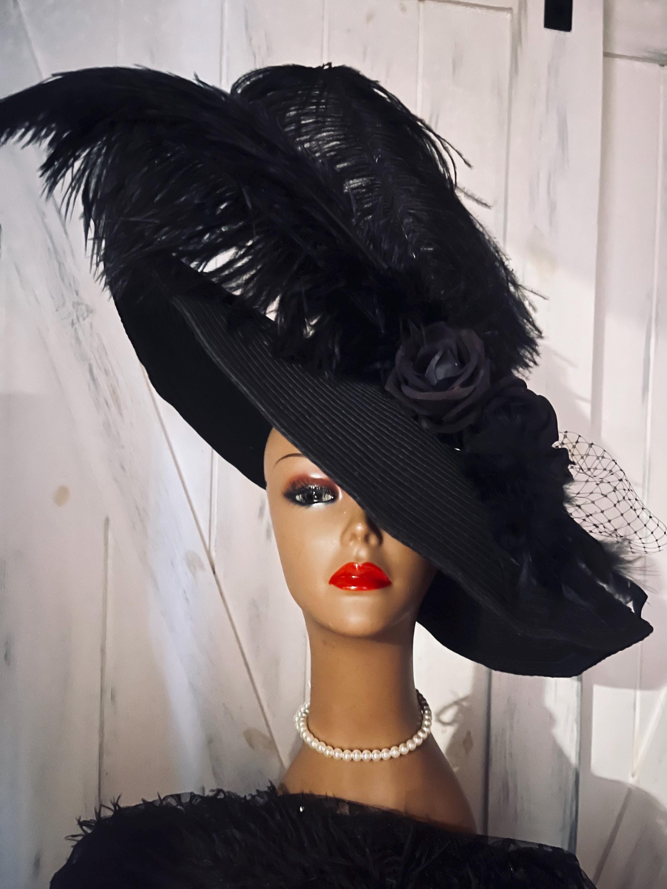 Beautiful black and white sunhat with feather details ready for Derby! Black & White Feather Flower Derby Hat: Wide Brim Sinamay  main image 2