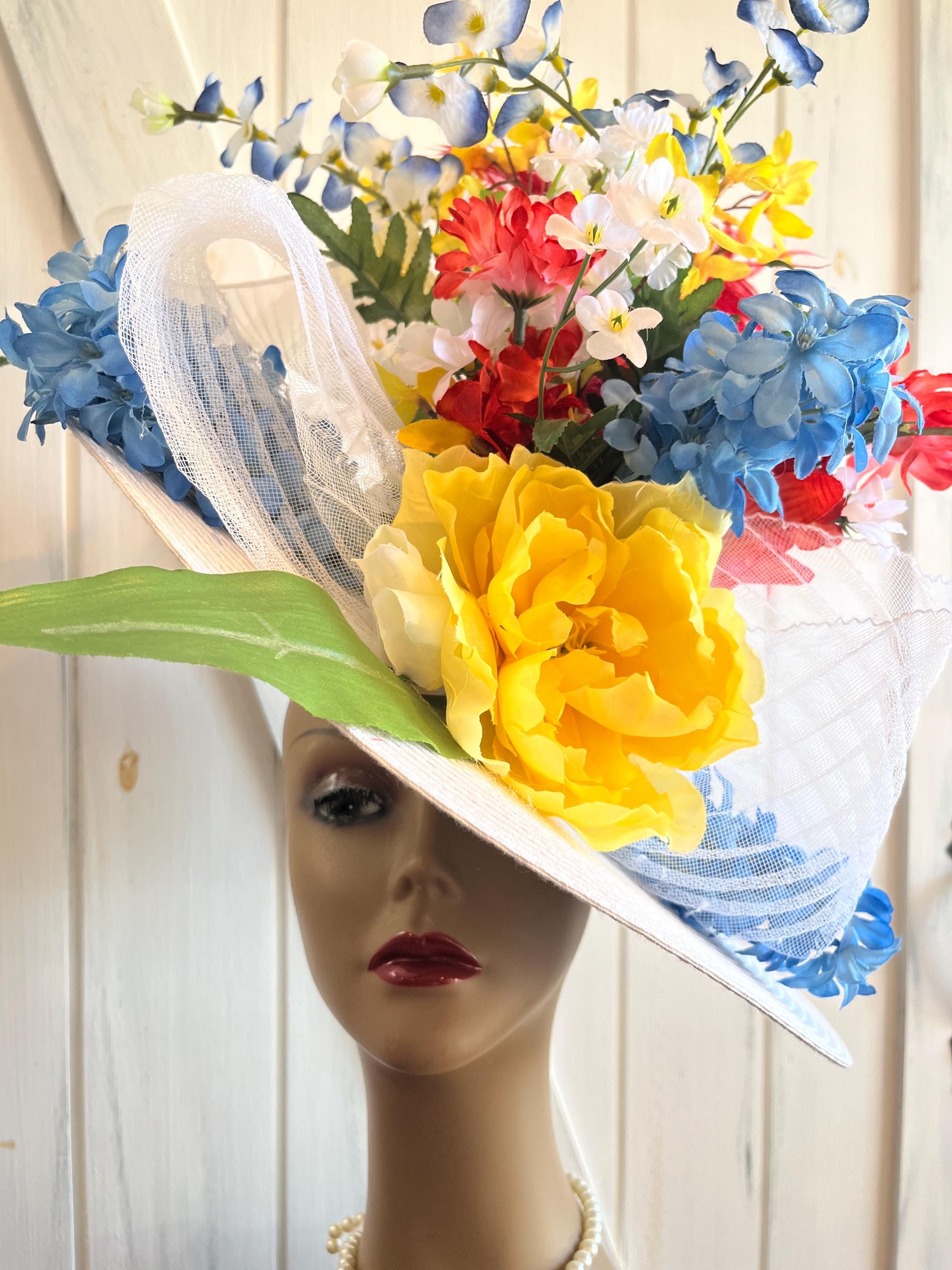 Colorful Derby Hat: Yellow, Red Blue White Flowers, Feathers  display picture 1
