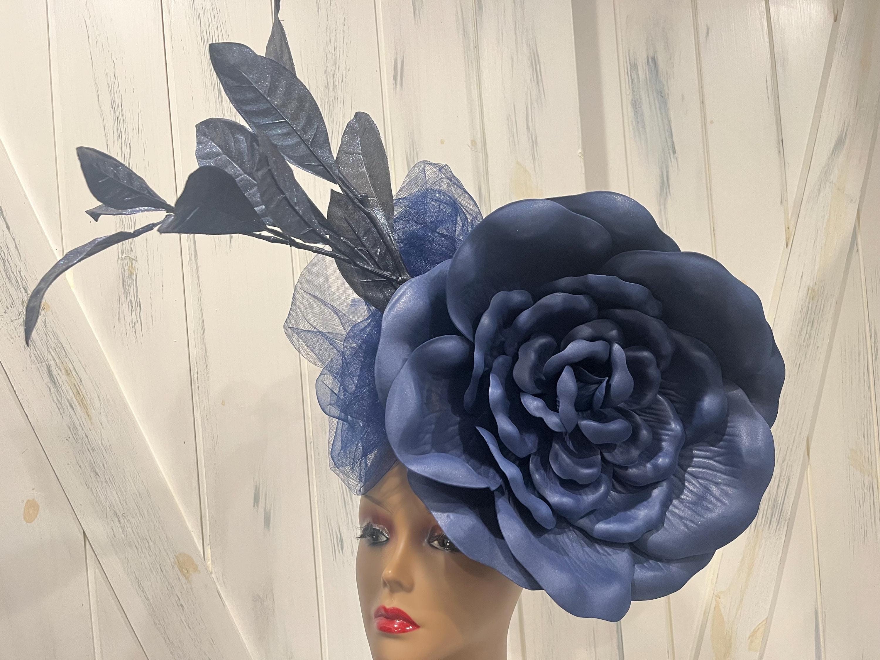 Navy Blue Giant Flower Fascinator Derby Church Hat, Navy 
