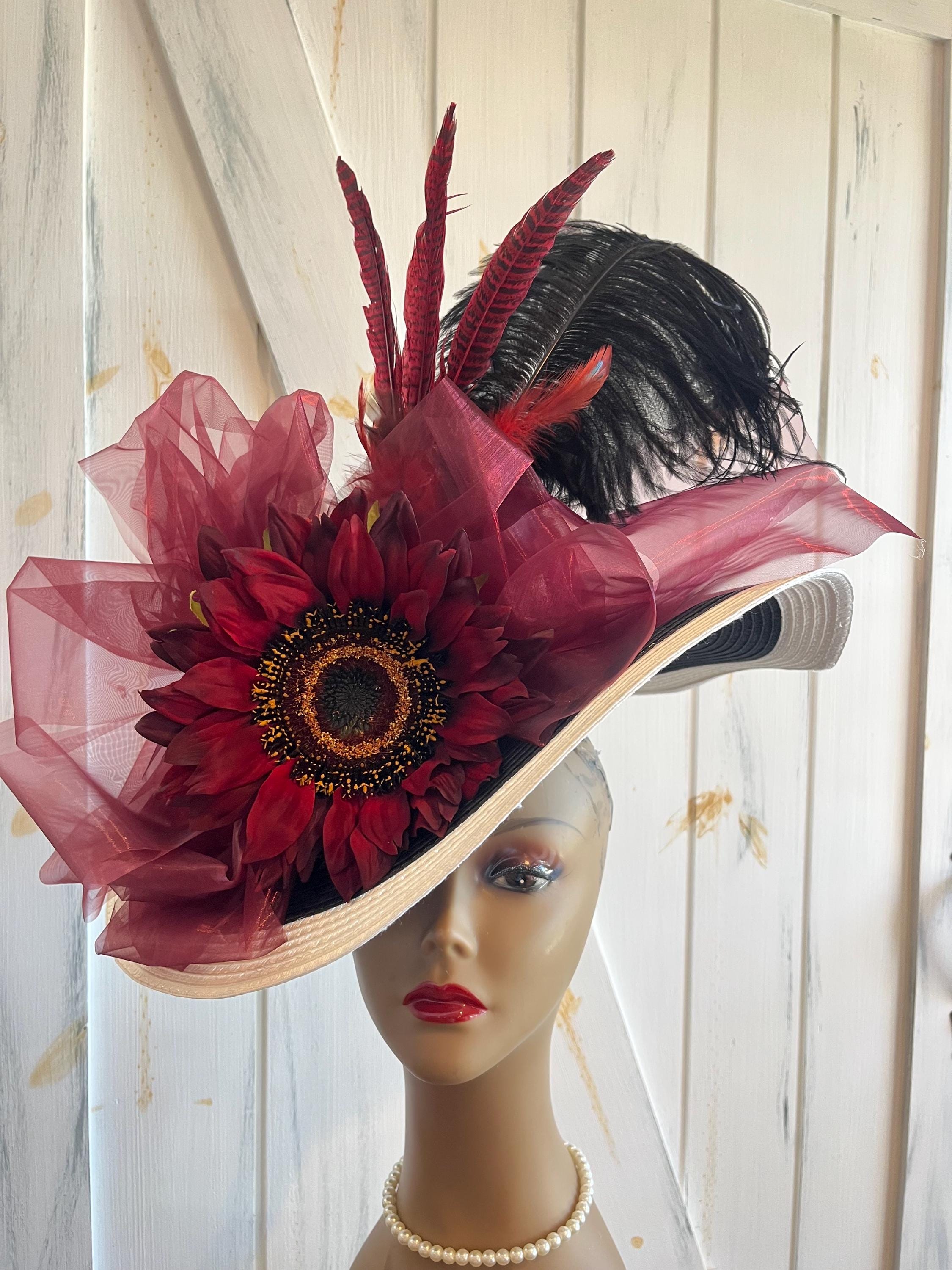 Dark Red-wine Derby Hat: Burgundy Flower & Black Feathers  display picture 3