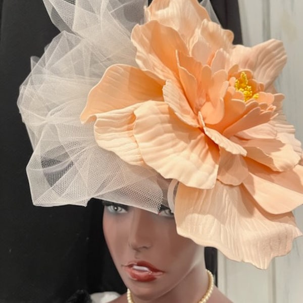 Big peach flower derby fascinator hat, huge peach flower fascinator church hat, peach wedding hat, Peach Tea Party Flower Fascinator Hat