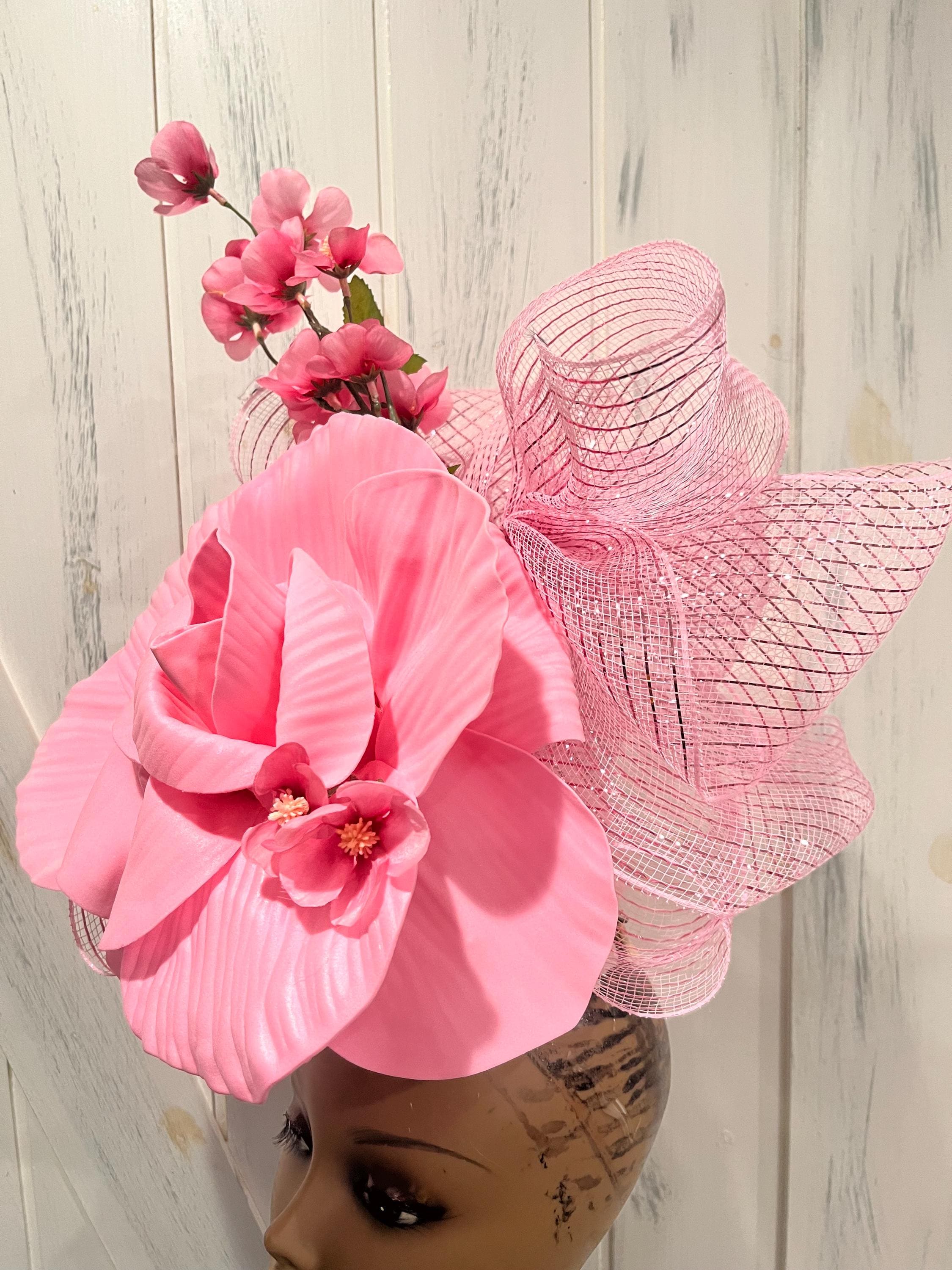 Pink Flower Fascinator Hat: White Sinamay Base, Rose, Big  display picture 2