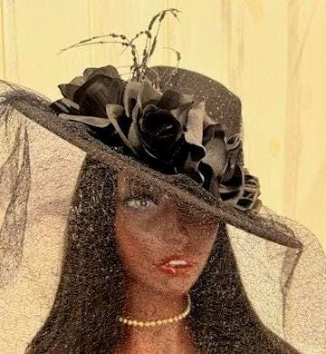 Black Veiled Mourning Funeral Hat Roses/ Black Derby Church Bridal