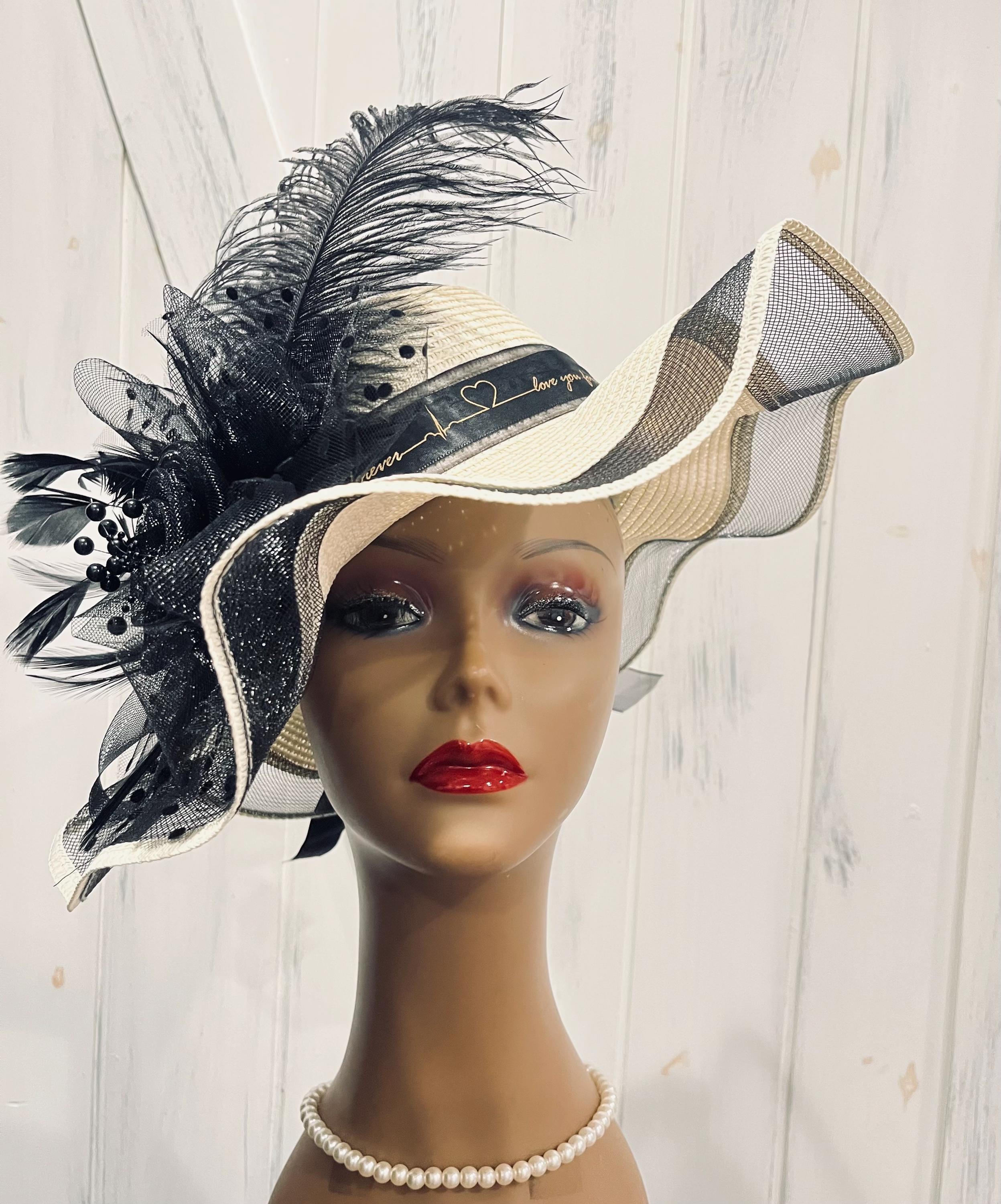 Cream Black Derby Hat: Ostrich Feathers, Small Brim, Tea  display picture 1