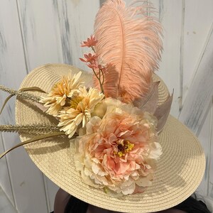 Blush Pink Peach Creamy Beige Floral Wide Brim Derby Church  display picture 2
