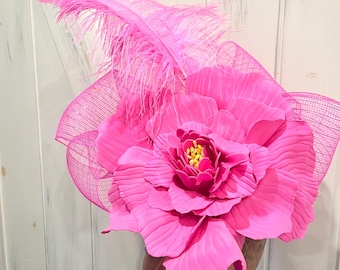 Pink Derby Fascinator Hat: Big Crinoline Bow, Feathers, Large Flower