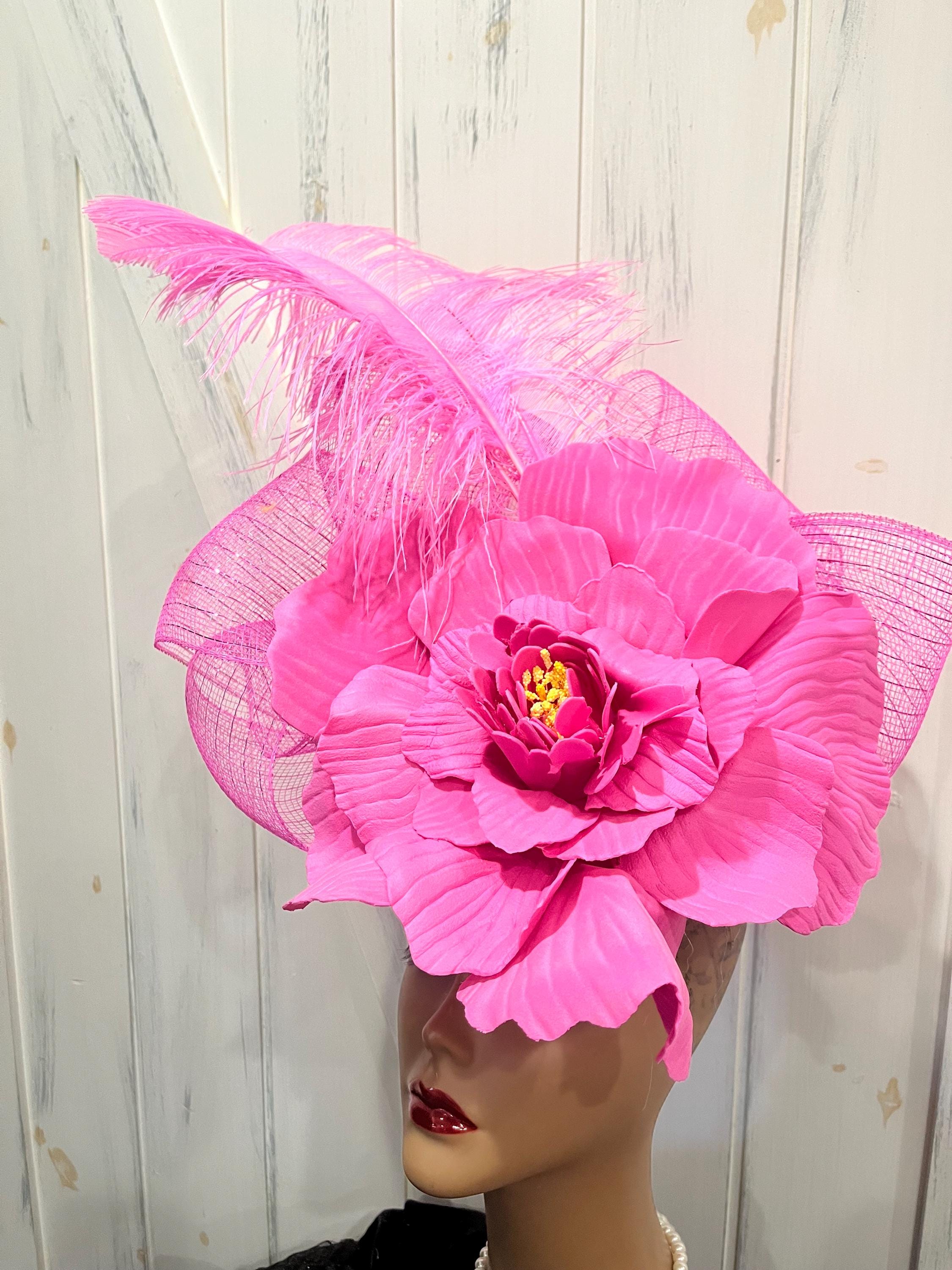 Chiffon Rose & Feather Pink Fascinator Hat for Women Pink Feather Fascinator Hat, Bright Pink Green Ostrich  main image 4