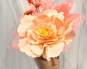 Classic Peach Tulle Floral Fascinator Hat Peach Colored Fascinator With Peach Colored Flower and Veil  main image 3
