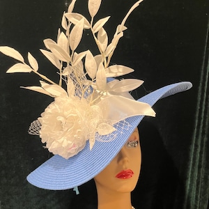 Blue Wide Brim Derby Church Hat: White Peony, Jeweled Flower - Wedding, Tea Party